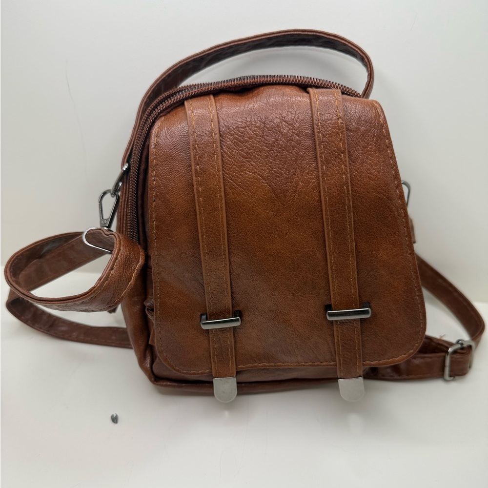 Compact Brown Faux Leather Mini Backpack – Stylish and Functional